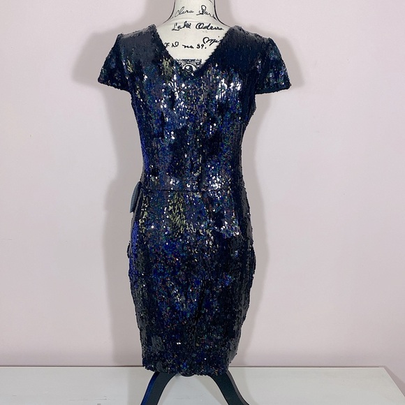 NWT Dress the Population Zoe Cap Sleeve Plunging Sequin Mini Dress black L - Picture 6 of 9